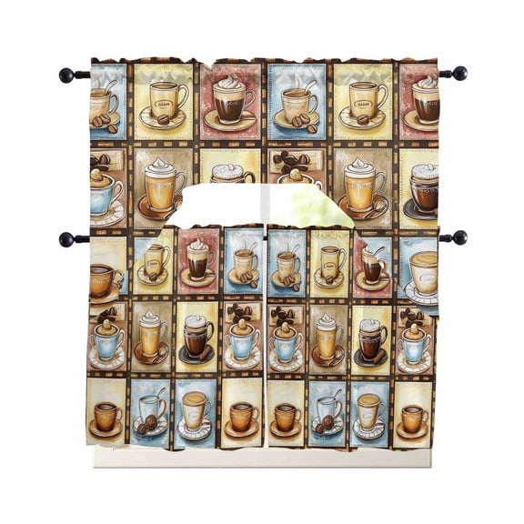 Coffee Theme Swag Valance and Tier Curtains Set Retro Colorful Coffee Cups Beans Plaid Kitchen Curtains 3 Piece Set Rod Pocket Panels for Bedroom Cafe Swag Valances and 36 inches Tiers