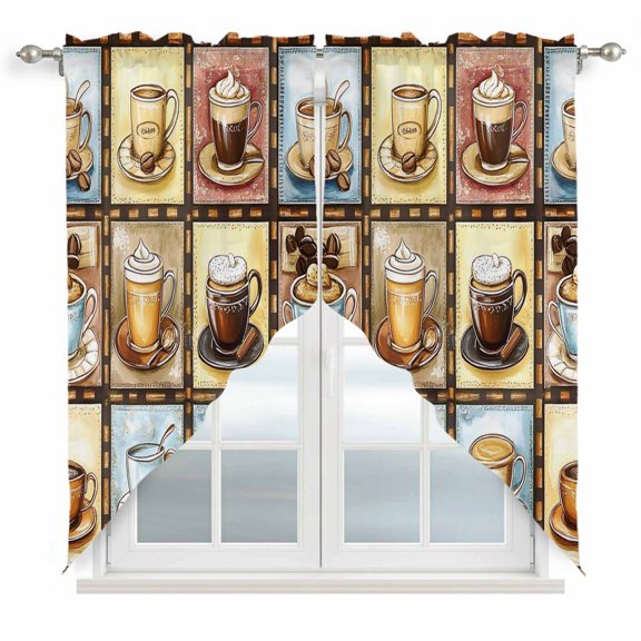 Coffee Theme Swag Valances for Windows 2 Pack Retro Colorful Coffee Cups Beans Plaid Swag Kitchen Curtains 36 Inches Long Rod Pocket Short Window Treatment for Kitchen Bathroom 28"x36"