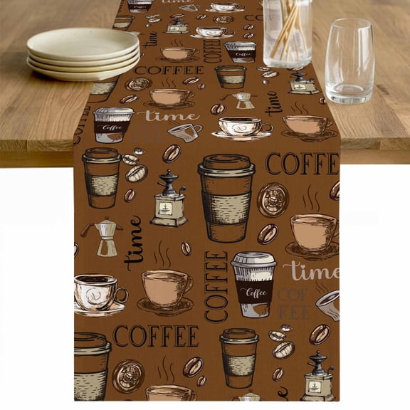 Coffee Theme Table Runner 36 Inches Long Farmhouse Dress Scarves, Funny Brown Vintage Beans Latte Tea Cup Dining Tablerunner for Coffee Table/Kitchen Island/Party Décor, Small 13" x 36"