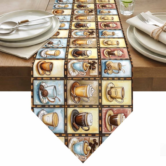 Coffee Theme Table Runner 36 Inches Long Retro Colorful Coffee Cups Beans Plaid Table Runners for Dining Room Tabletop Dresser Scarf Home Party Banquet Wedding Holiday Decoration