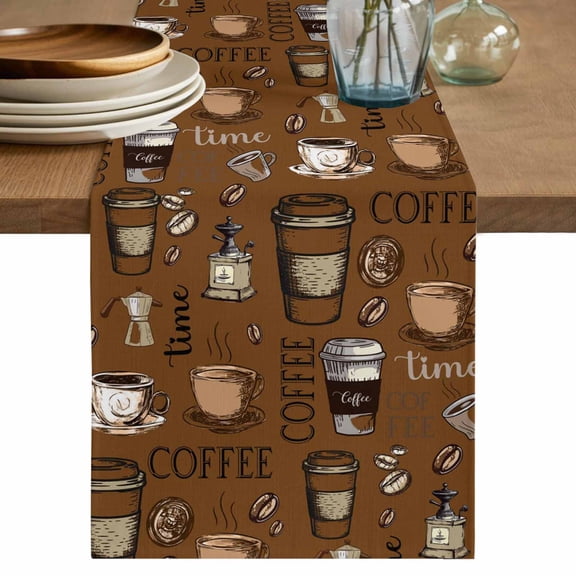 Coffee Theme Table Runner 48 Inches, Funny Brown Vintage Beans Latte Tea Cup Bed Runner Dresser Scarves Tabletop for Indoor Outdoor Parties/Ceremony/Banquet, 13" x 48"