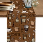 Coffee Theme Table Runner, Funny Brown Vintage Beans Latte Tea Cup Washable Cotton Linen Table Runners 36 Inches Long, Dresser Scarf Runner for Nightstand/End Tables/Round Tables 13''x36''