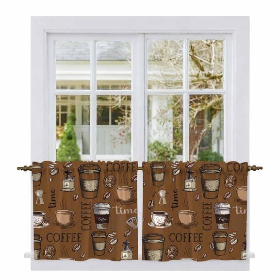 Coffee Theme Tier Curtains, Funny Brown Vintage Beans Latte Tea Cup Light Filtering Kitchen Curtains, 2Pcs Rod Pocket Half Window Treatments Panels for Sink Cafe Cabinet Camper 27.5x36 Inches
