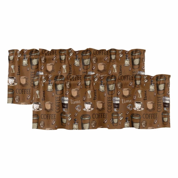 Coffee Theme Valances for Windows, Decorative Rod Pocket Window Valance Curtains, Funny Brown Vintage Beans Latte Tea Cup Curtain Drapes for Kitchen/Bathroom/Living Room, 2 Panels, 42" W x 12" L