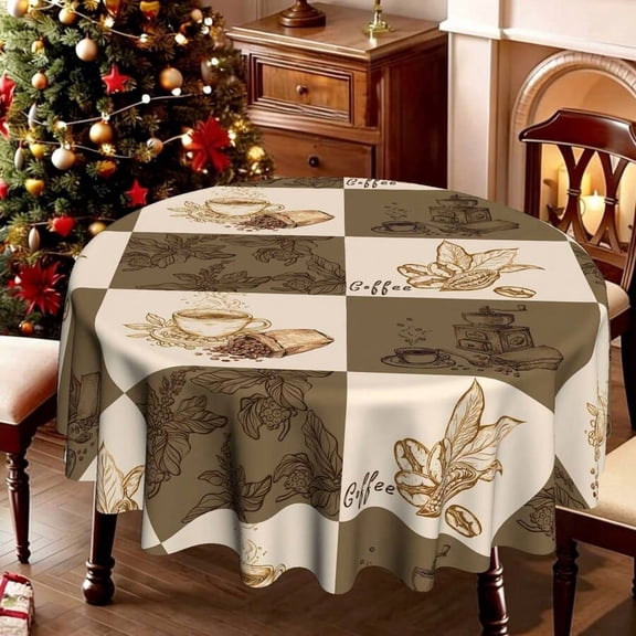 Coffee-Themed Checkerboard Print Round Tablecloth, YX-Round-90cm, Faux Fabric, Brown & Beige
