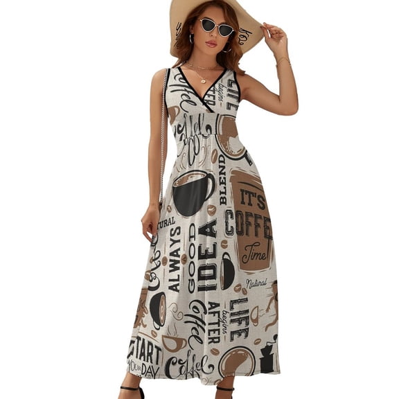 Coffee Themed Dress Fashion Boho Beach Long Dresses Female Party Printed Maxi Dress