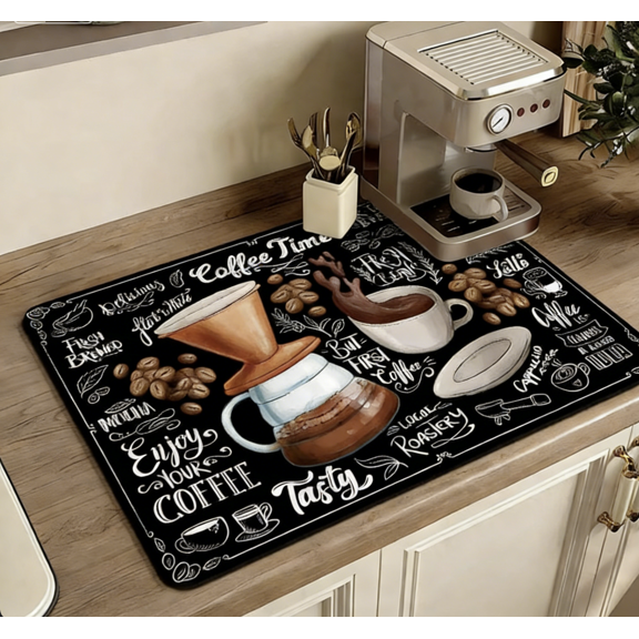 Coffee-Themed Kitchen Absorbent Drying Mat, Retro Chalkboard Style Coffee Machine Countertop Non-Slip Pad