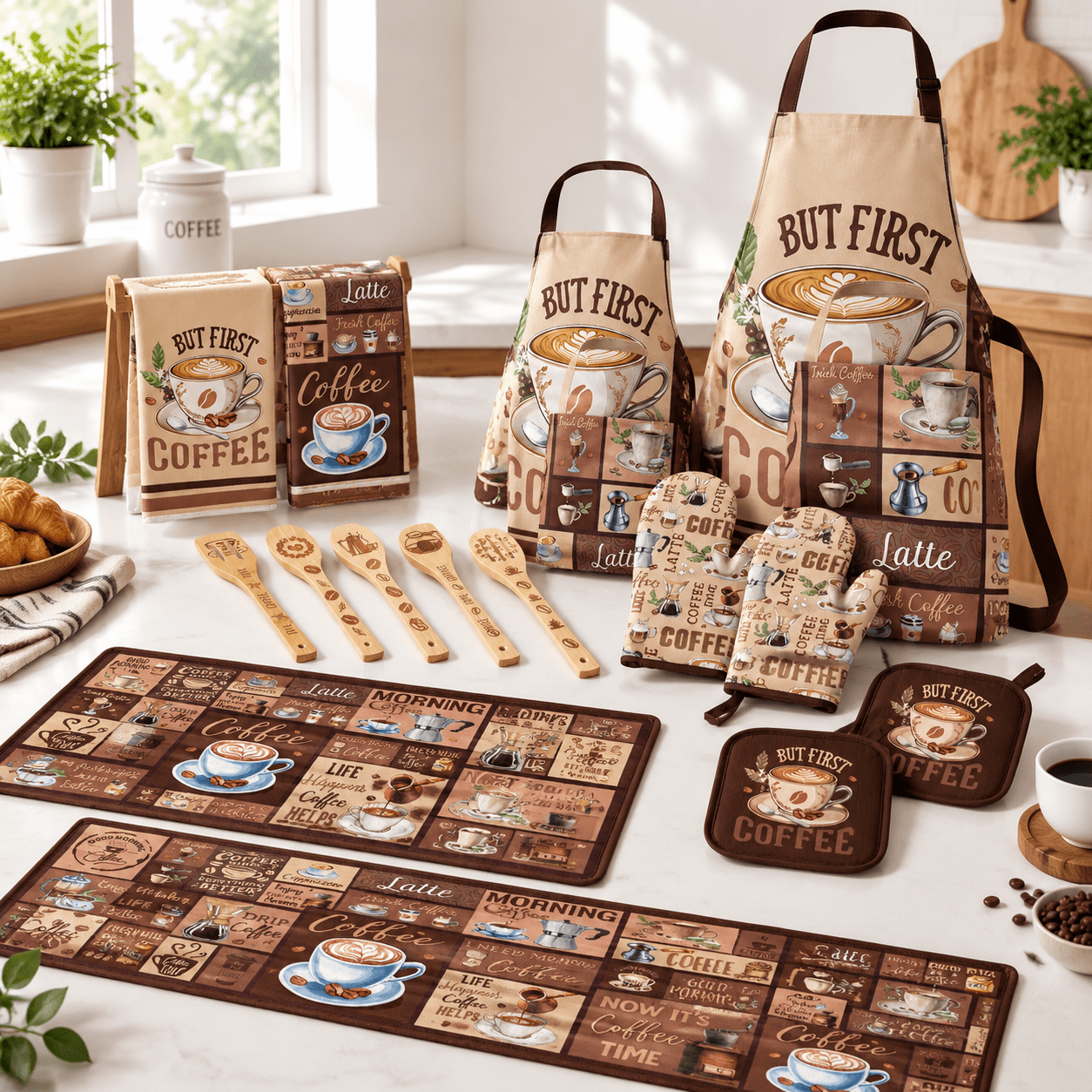 Coffee Themed Kitchen Accessory Set, Brown Coffee, 12.20 x 12.20 x 5.12 ...