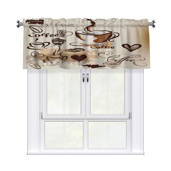 Coffee-Themed Kitchen Curtain Set, 3-Piece Valance with Vintage Coffee Cup + Coffee Bean + Hand-Painted Heart Patterns (54x18in+27.5x24inx2), Suitable for Café/Kitchen/Restaurant