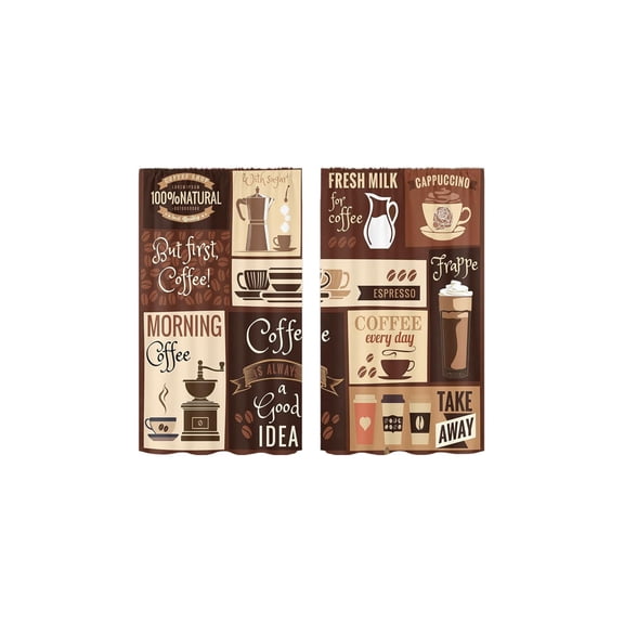 Coffee-Themed Kitchen Curtains Set, Cafe Short Tier and Valance Window Curtain, Rod Pocket Small Windows Drapes for Coffee Lover Home Kitchens Living Room Decor