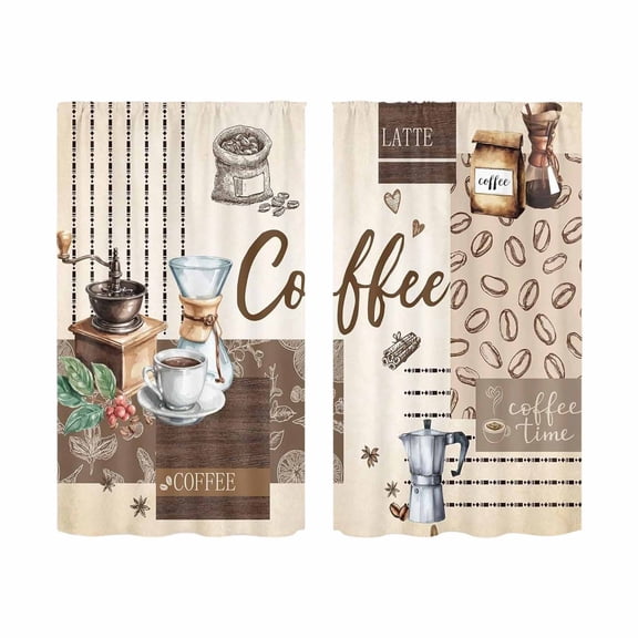 Coffee-Themed Kitchen Curtains Set, Coffee Printed Tier Curtain and Valance, Rustic Cafe Light Filtering Drapes Rod Pocket for Window Kitchens Home Decor