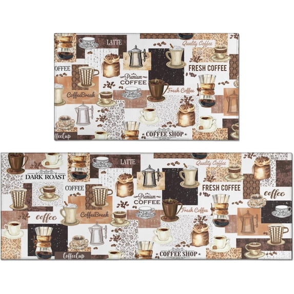 Coffee Themed Kitchen Rugs and Mats Non-Slip Washable Anti-Fatigue Kitchen Mats 2-Pc Black Kitchen Rug Floor Comfort Mats for Kitchen Sink Front Two-Piece Set, 17x30+17x47 Inches