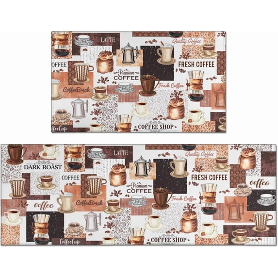 Coffee Themed Kitchen Rugs and Mats Non-Slip Washable Anti-Fatigue Kitchen Mats 2-Pc Black Kitchen Rug Floor Comfort Mats for Kitchen Sink Front Two-Piece Set, 17x30+17x47 Inches