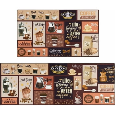 Coffee Themed Kitchen Rugs and Mats Non-Slip Washable Anti-Fatigue Kitchen Mats 2-Pc Black Kitchen Rug Floor Comfort Mats for Kitchen Sink Front Two-Piece Set, 17x30+17x47 Inches