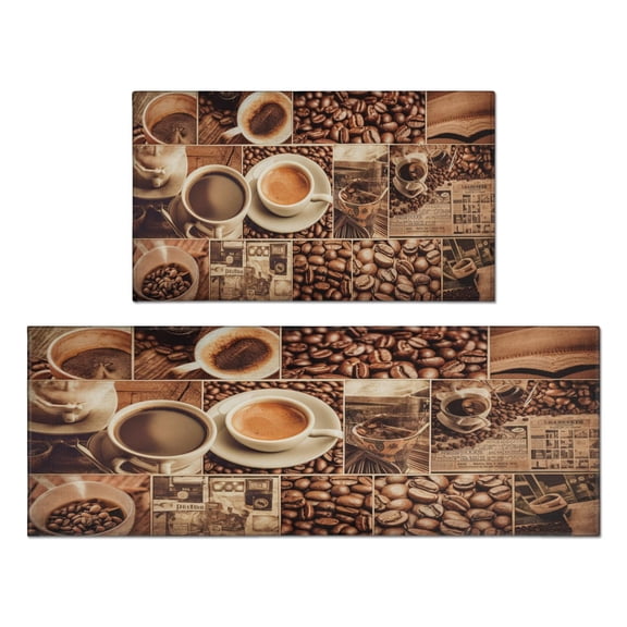 Coffee Themed Kitchen Rugs Set, 17x29 +17x47, Cushioned and Non-Skid, Washable for Kitchen, Living Room, Office Gift for Friends, Family
