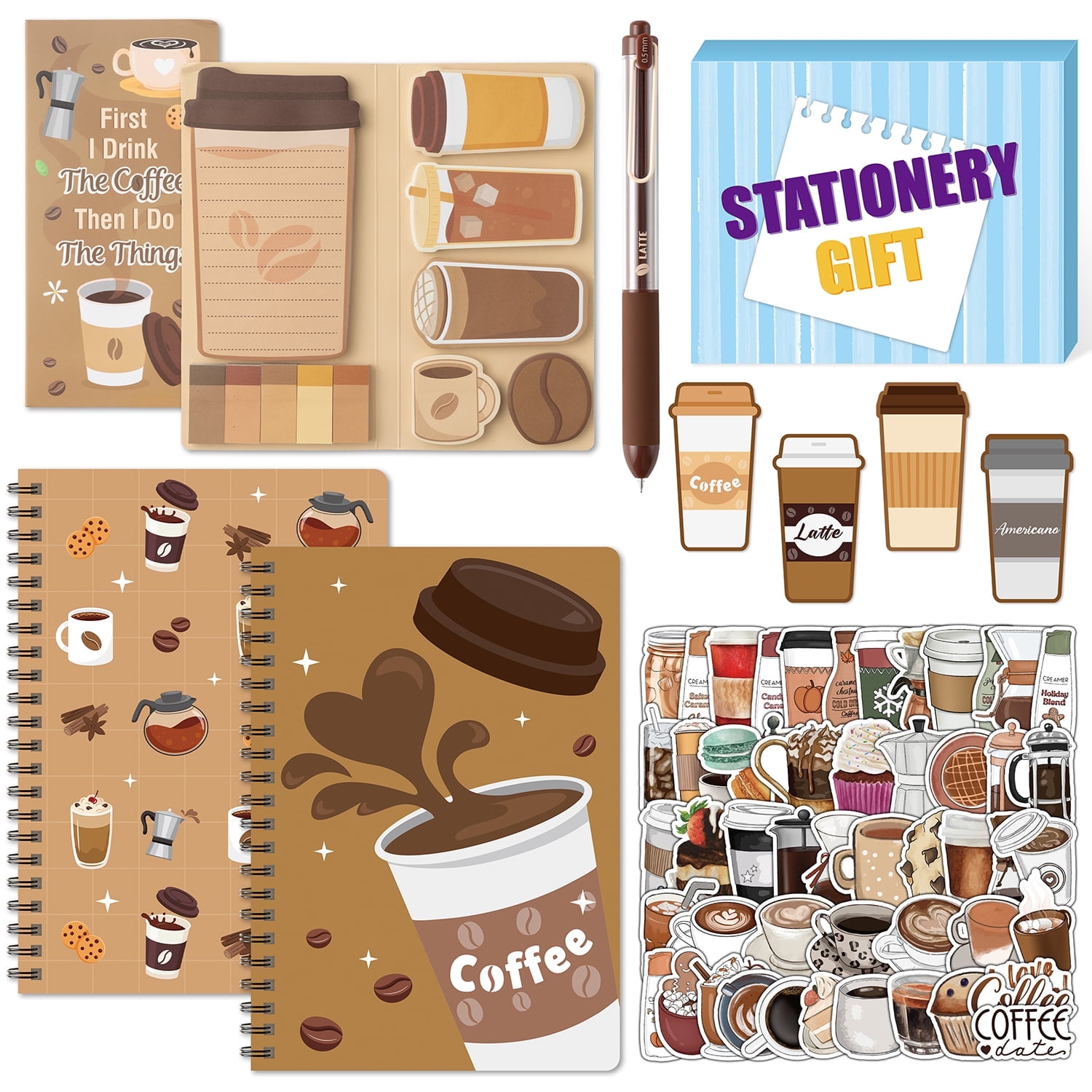 Coffee Themed Stationery-A5 Spiral Notebooks, Sticky Notes, Pen ...