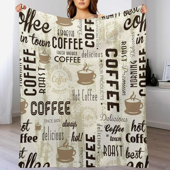 Coffee Throw Blanket Rustic Coffee Theme Tea Cup Pattern Soft Lightweight Warm Plush Blankets for Sofa Bedroom 50x60