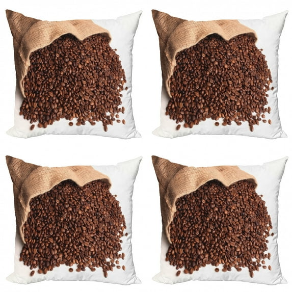 Coffee Throw Pillow Cushion Case Pack of 4, Real Life Photo of a Sack of Beans Poured onto the Floor Delicious Beverage, Modern Accent Double-Sided Print, 4 Sizes, Peach Brown White, by Ambesonne