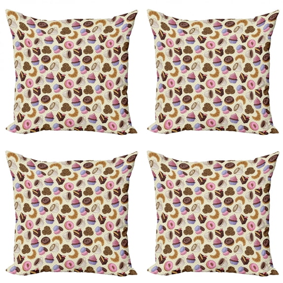 Ambesonne Colorful Throw Pillow Cover 4 Pack, Coffee Cups Cookies, 24", Multicolor