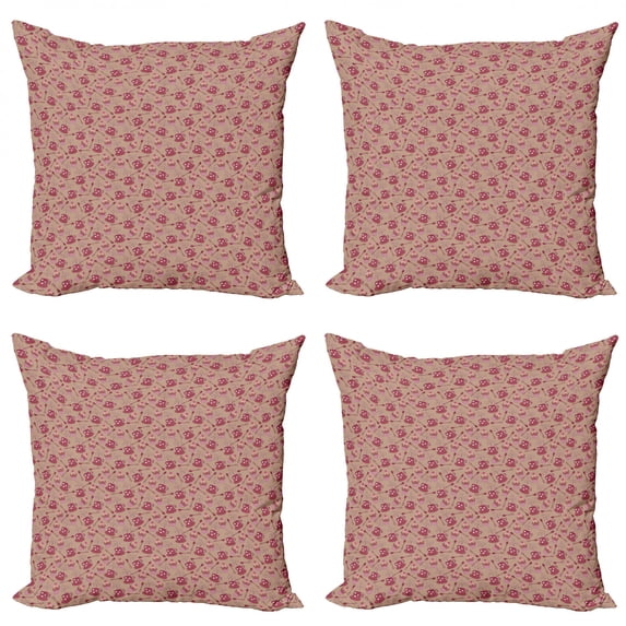 Ambesonne Coffee Throw Pillow Cover 4 Pack, Tea Cups Muffins and Spoons, 24", Warm Taupe Pink