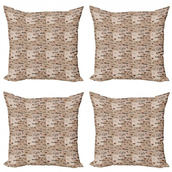 Ambesonne Coffee Throw Pillow Cover 4 Pack, Coffee Typography Beans, 16", Pale Brown Black