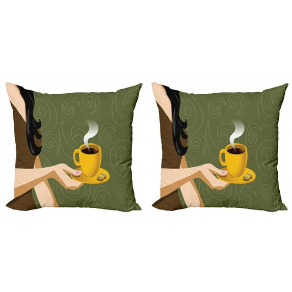 Coffee Throw Pillow Cushion Cover Pack of 2, Half Scene of a Woman Holding a Cup with Hot Beverage and Cookies, Zippered Double-Side Digital Print, 4 Sizes, Olive Green Multicolor, by Ambesonne