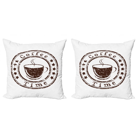 Coffee Throw Pillow Cushion Cover Pack of 2, Pattern of Calligraphic Circular Layout Grunge Style Stars and a Caffeine Mug, Zippered Double-Side Digital Print, 4 Sizes, Brown and White, by Ambesonne