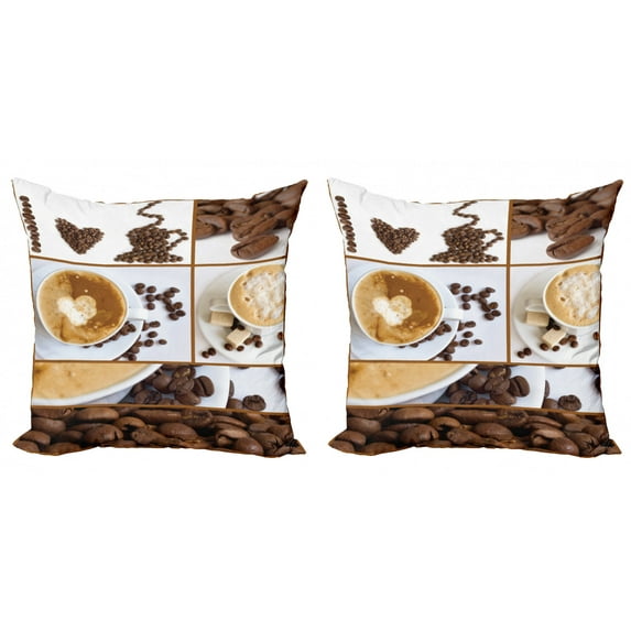 Ambesonne Coffee Throw Pillow Cover 2 Pack, Coffee Mugs Hot Foamy, 20", Brown White