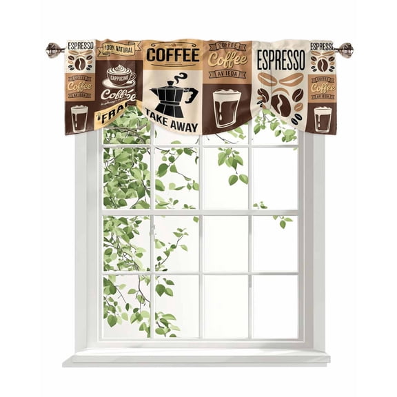 Coffee Tie Up Valances Curtain, Adjustable Kitchen Coffee Beans Cup Valances for Windows Decor, Rod Pocket Short Curtains Set for Bedroom/Bathroom, 42"x12"