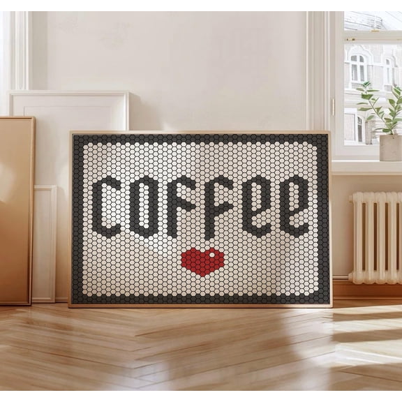 Coffee Tile Print, Espresso Poster, Coffee Retro Wall Art, Typography Black and White Print, Red Heart Mosaic Art, Kitchen Bar Wall Decor, Unframed Paper Poster 11x14in