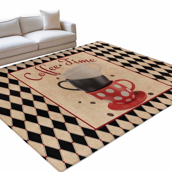 Coffee Time 2.7x5ft Non Slip Area Rug Retro White Black Red Dots Coffee Cup Black Rhombus Plaid Washable Soft Area Rugs for Living Room, Indoor Circle Carpet for Bedroom Dining Room Kitchen