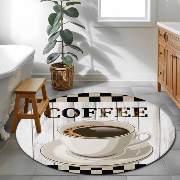 Coffee Time 4ft Round Rug for Cozy Reading Nook Home Office Chair Area, Vintage Hot Drink Brown Plaid Grey Wood Grain Washable Non Slip Circle Area Rug