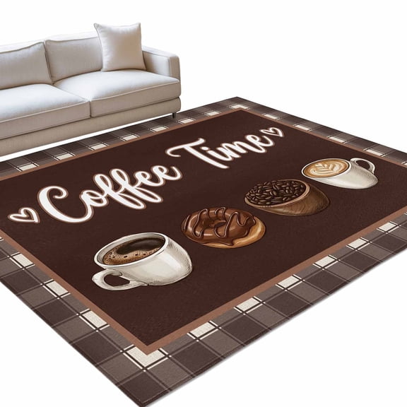 Coffee Time 4x6ft Non Slip Area Rug Retro Brown Coffee Beans Cup Brown Plaid Washable Soft Area Rugs for Living Room, Indoor Circle Carpet for Bedroom Dining Room Kitchen