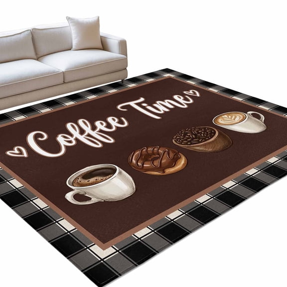 Coffee Time 5x7ft Non Slip Area Rug Retro Brown Coffee Beans Cup Black Plaid Washable Soft Area Rugs for Living Room, Indoor Circle Carpet for Bedroom Dining Room Kitchen
