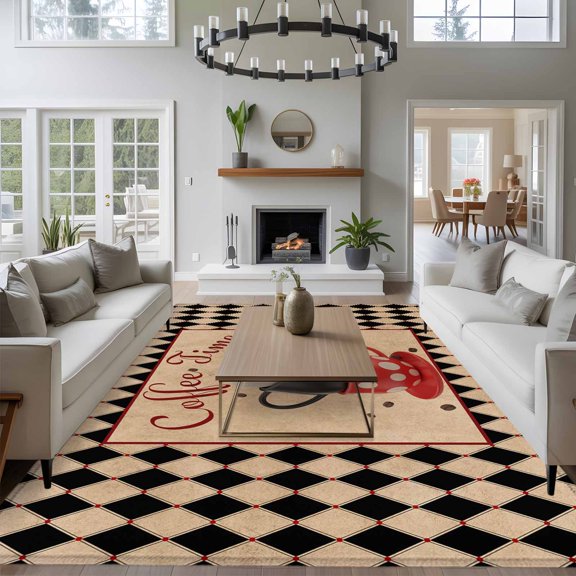 Coffee Time 8x10 Area Rug for Living Room Sectional Sofa, Retro White Black Red Dots Coffee Cup Black Rhombus Plaid Washable Non Slip Large Rectangle Area Rug