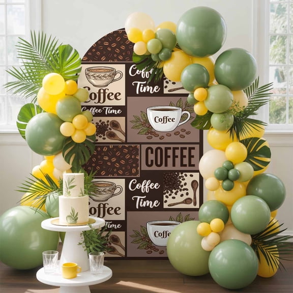 Coffee Time Arch Backdrop Cover, 5FT, Retro Coffee Beans Dark Brown Patchwork Spandex Arch Covers Double-Sided Backdrop for Wedding Birthday Party Photo Background Decoration