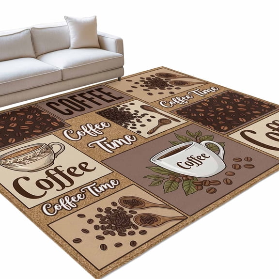 Coffee Time Area Rugs 5x7ft Retro Coffee Beans Brown Patchwork Floor Rug Non Slip Low Pile Ultra Soft Throw Carpet for Entryway Indoor Entrance Kitchen Bathroom