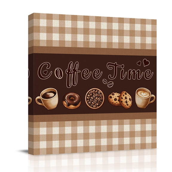 Coffee Time Beans Canvas Wall Art for Living Room, Desserts Vintage Brown Plaid Farmhouses Poster Print Painting for Bedroom Office Home Decoration Wall Pictures Prepare To Hang 16"x16"