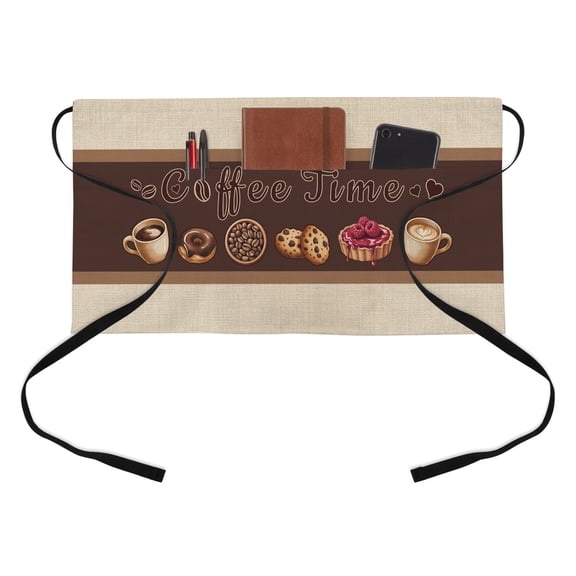 Coffee Time Beans Half Waist Apron Desserts Vintage Linen Texture Farmhouses Short Waiter Aprons with 3 Pockets for Women Men Kitchen Restaurant Cooking