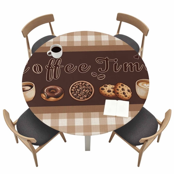 Coffee Time Beans Round Fitted Tablecloth with Elastic Edge Desserts Vintage Brown Plaid Farmhouses Table Cover Fit for 36"-44" Tables Waterproof Tablecloths for Dinner Camping Picnic
