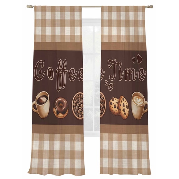 Coffee Time Beans Sheer Curtains 2 Panels Set Desserts Vintage Brown Plaid Farmhouses Sheer Window Curtains Light Filtering Rod Pocket Voile Drapes for Bedroom Living Room 52"X108"