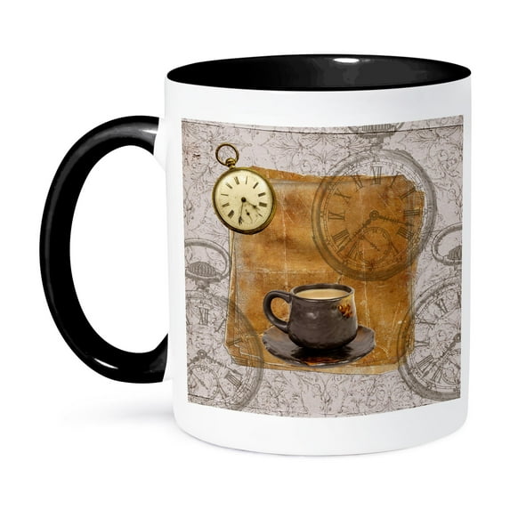 3dRose, Coffee Time Coffee Cup with Stop Watches Vintage, 15oz Two-Tone Black Mug