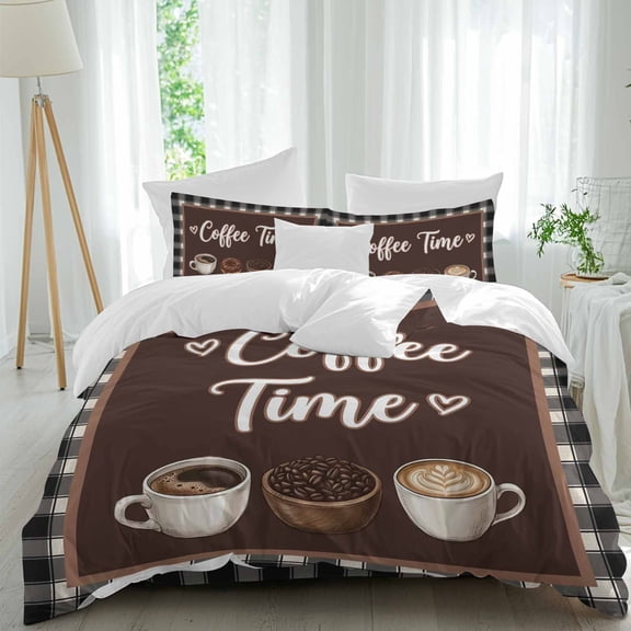 Coffee Time Comforter Set Queen Size, Retro Brown Coffee Beans Cup Black Plaid Soft Bedding Set for Man Woman, 4 Pieces Duvet Cover Set with Fitted Sheet, 2 Pillowcases