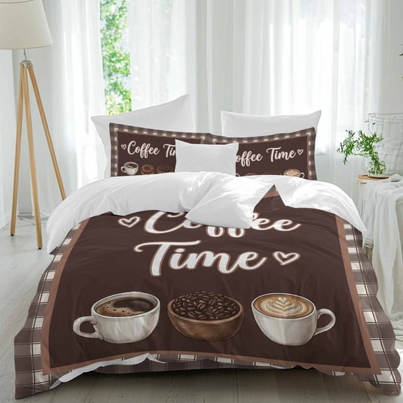 Coffee Time Comforter Set Twin Size, Retro Brown Coffee Beans Cup Brown Plaid Soft Bedding Set for Man Woman, 4 Pieces Duvet Cover Set with Fitted Sheet, 2 Pillowcases