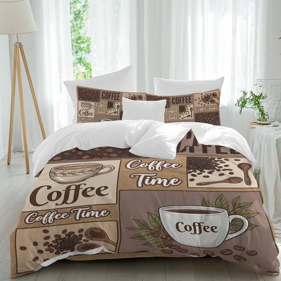 Coffee Time Comforter Set Twin Size, Retro Coffee Beans Brown Patchwork Soft Bedding Set for Man Woman, 4 Pieces Duvet Cover Set with Fitted Sheet, 2 Pillowcases