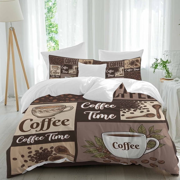 Coffee Time Comforter Set Twin Size, Retro Coffee Beans Dark Brown Patchwork Soft Bedding Set for Man Woman, 4 Pieces Duvet Cover Set with Fitted Sheet, 2 Pillowcases
