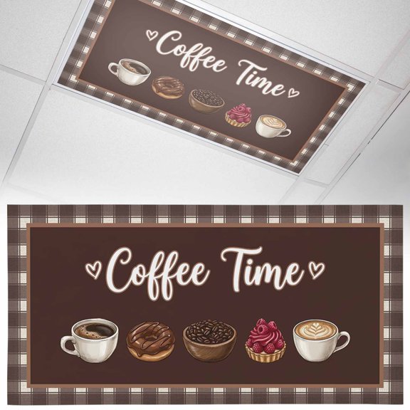 Coffee Time Fluorescent Light Covers Retro Brown Coffee Beans Cup Brown Plaid Magnetic Light Filters Ceiling Lighting Panel Shade for Classroom Office Home 2 x 4 ft, 1 Pack