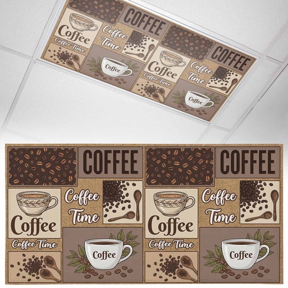 Coffee Time Fluorescent Light Covers Retro Coffee Beans Brown Patchwork Magnetic Light Filters Ceiling Lighting Panel Shade for Classroom Office Home 2 x 4 ft, 1 Pack