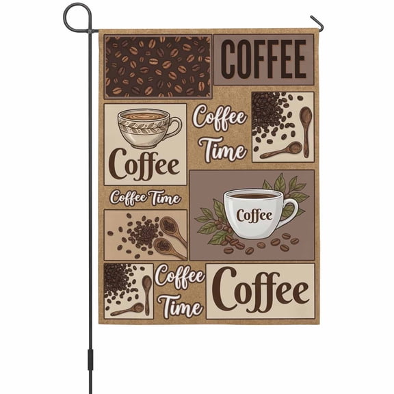 Coffee Time Garden Flag 12 x 18 Inches, Retro Coffee Beans Brown Patchwork Weather Proof Outdoor Patio Flags Double Sided Small Garden Decoration for Yard Outside Home