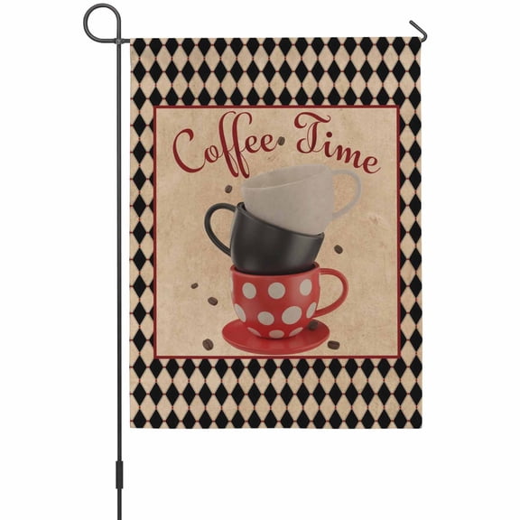 Coffee Time Garden Flag 12 x 18 Inches, Retro White Black Red Dots Coffee Cup Black Rhombus Plaid Weather Proof Outdoor Patio Flags Double Sided Small Garden Decoration for Yard Outside Home